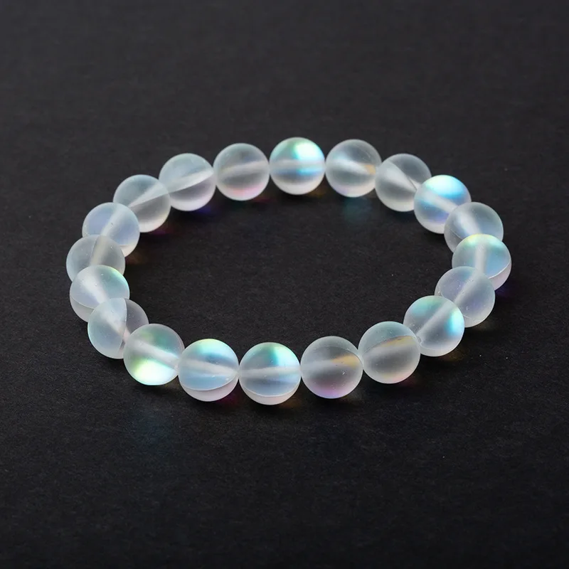 White Colorful Frosted Stone Mermaid Glass Holographic Mystic Aurora Bead Borealis Stretch Bracelet