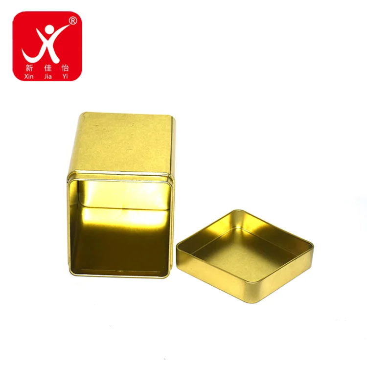 Xin Jia Yi Packaging Tin Box Golden Color Embossed Tea Tin Boxes Square Shape Food Grade Length Size 10cm Tin Can Box