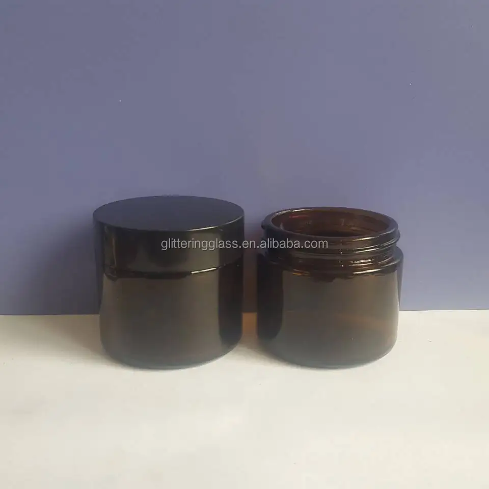 2oz  60ml brown amber cosmetic glass jar with black lid for cream