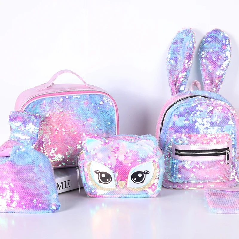 
Holographic cute rabbit ears small shoulders bag sequins tide package Kids school bag 