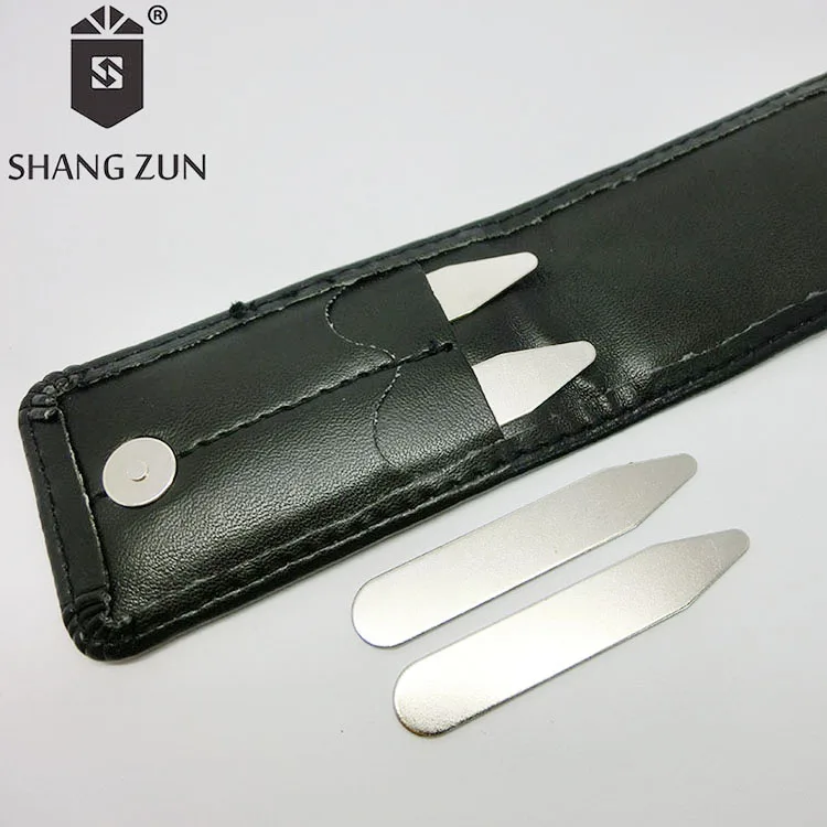 Low price Travel fashion 2 Sizes in Black Leather Case Stainless Steel Collar Stay Set 2 PCS