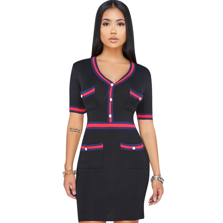 Дешевая Женская Деловая одежда для работы облегающее платье-карандаш с коротким рукавом и V-образным вырезом для офиса