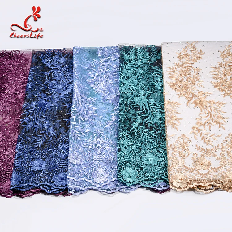 Wholesale Voile Dress 3d Flower Embroidery  Beaded African Glitter sequins french lace fabric wedding bridal dress for party