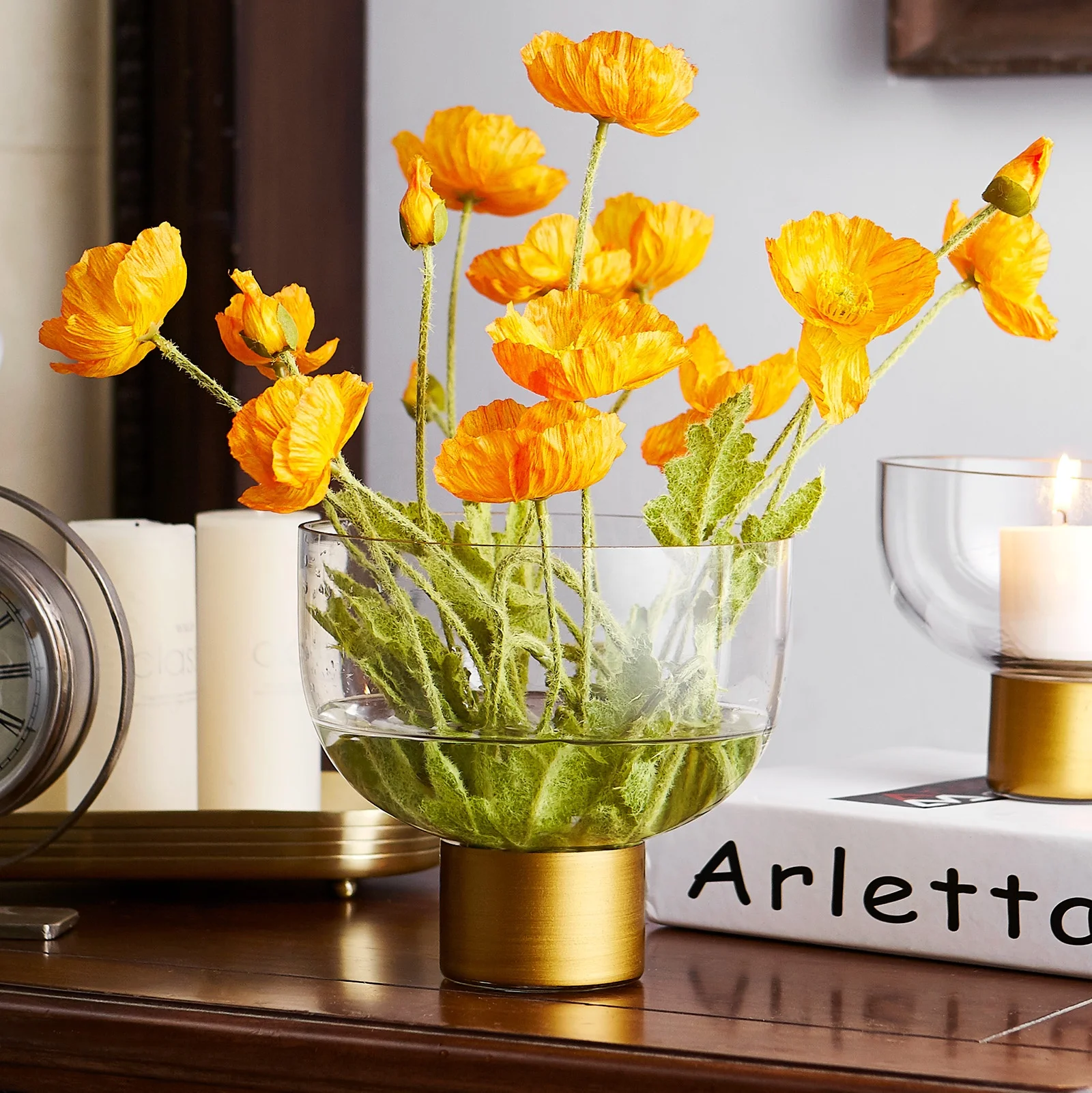 Bixuan Vases Clear Glass Flower Arrangement Vase with Brass Stand Decor Bowl Candleholder Table Centerpieces, 17x15.5CM