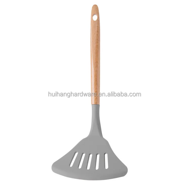 Factory Price Eco-Friendly Feature Silicone Fish Turner with Beech Wooden Handle