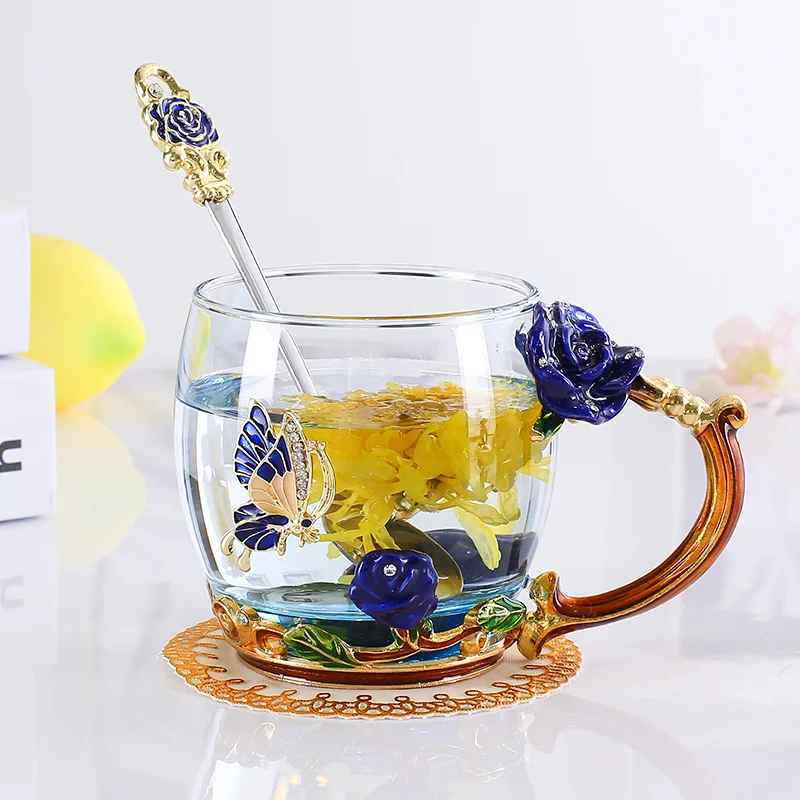 Beauty And Novelty Enamel Coffee Cup Mug Flower Tea Glass Cups for Hot and Cold Drinks Tea Cup Spoon Set Perfect Wedding Gift