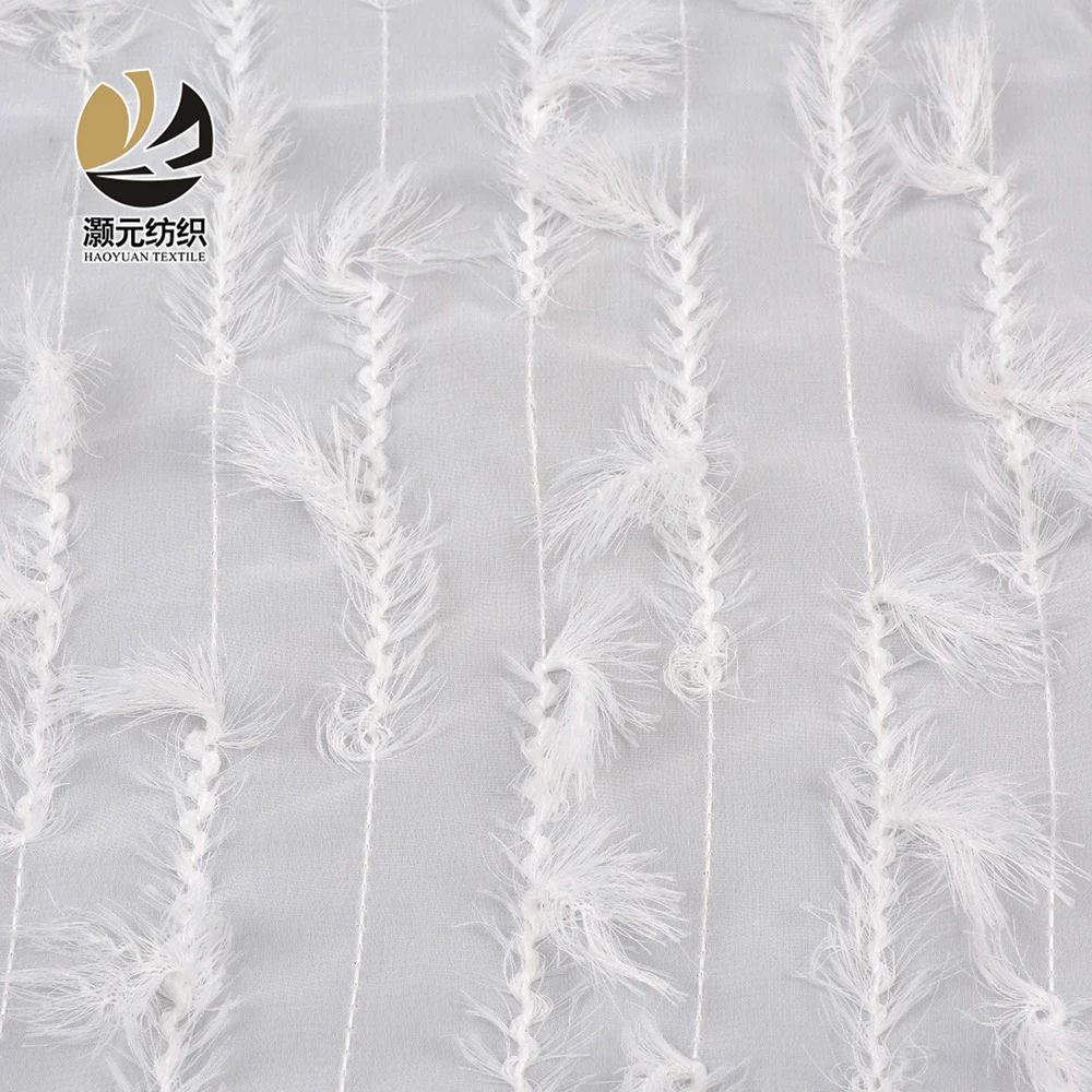 Stock lot wholesale high quality polyester soft fancy 3d white feather crepe chiffon fabric
