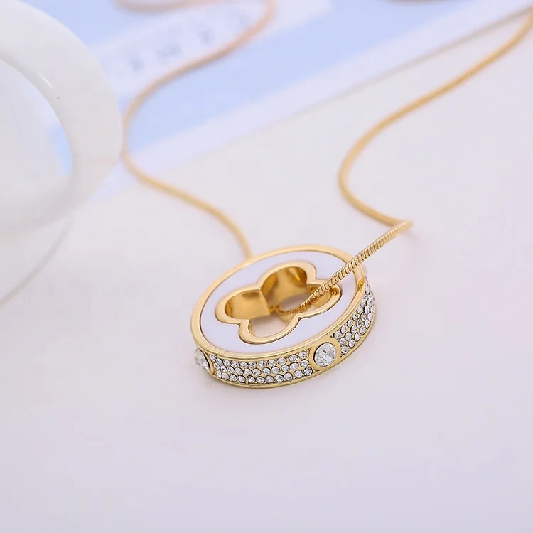 Non Tarnish Jewelry 18k Gold Plated Big Crystal Round White Black Four Leaf Clover Pendant Long Chain Necklace For Women