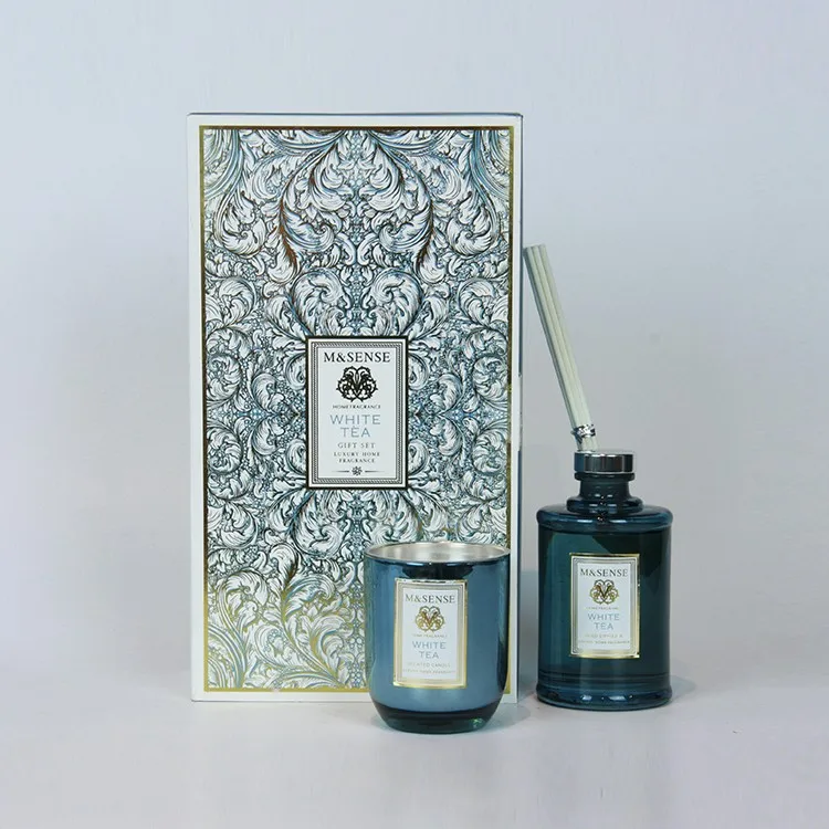 M&sense Giftset White Tea 150g Scented Candle 180 Ml Candle Jar Gold Glass Essential Oil Diffuser