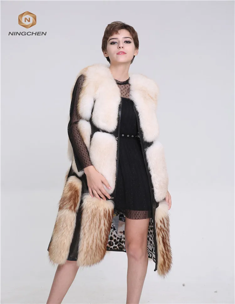 Classic Plaid Casual Long Plus Size Real Fox Fur Vest Hooded Coat Top quality women horizontal design real fox fur coat