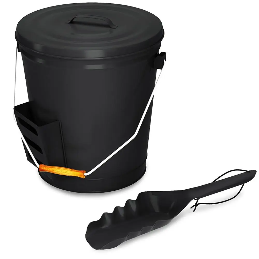 Black Ash Bucket with Lid and Shovel For Fireplace