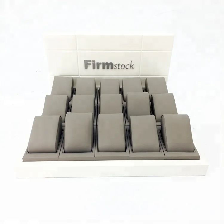 Fashion customized mdf watch shop counter display with grey fine PU leather watch display pillow and custom logo