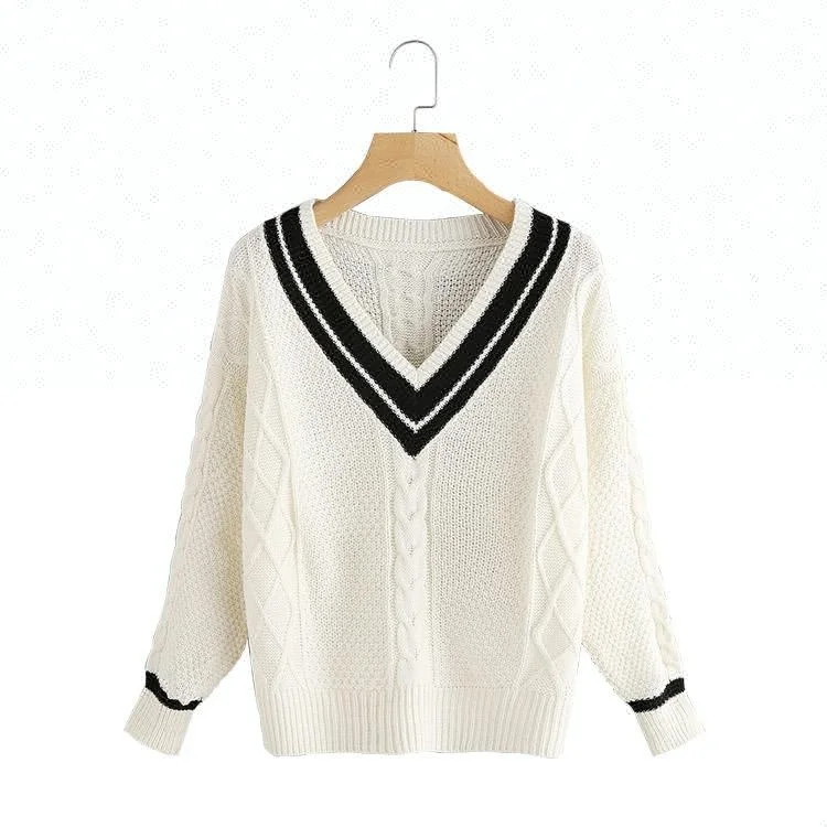 
New Design V Neckline Striped Trim Knit Women Cricket Sweater 