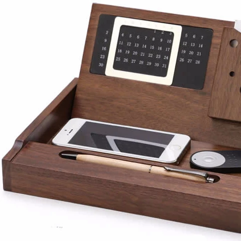 Wooden Multi-function Desk Stationery Organizer Storage Box With Perpetual Calendar