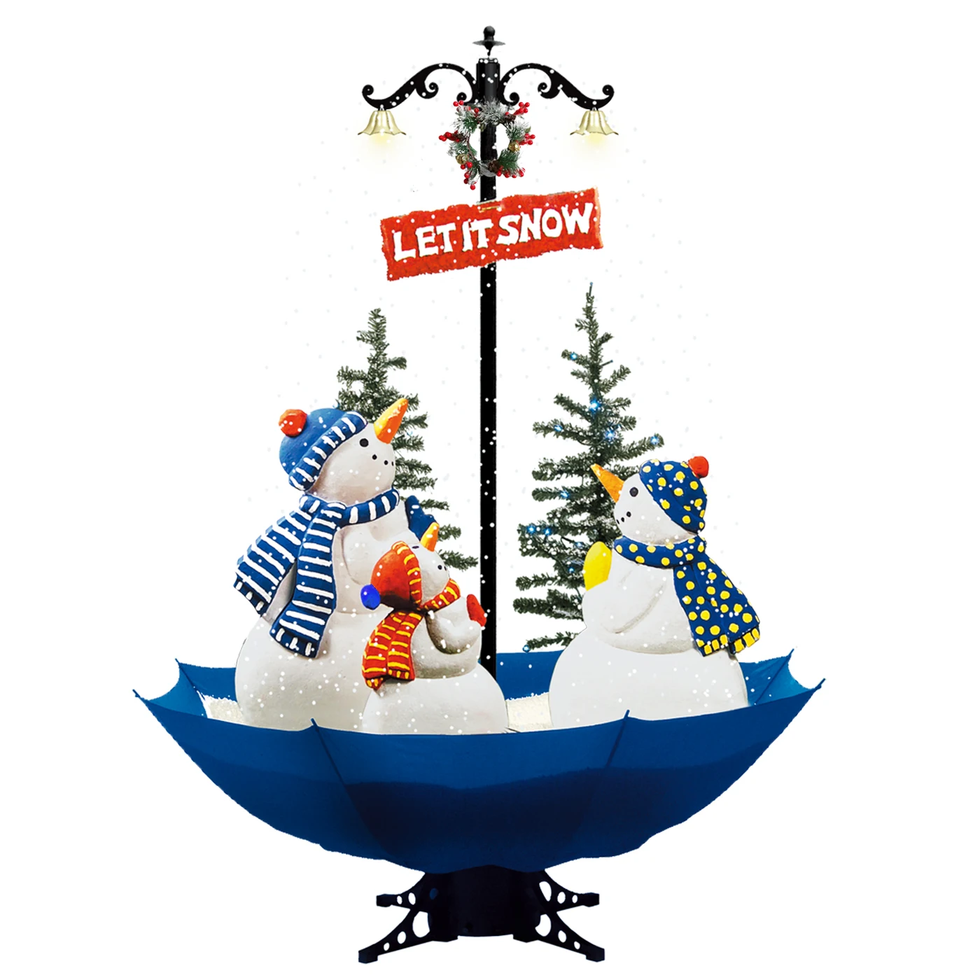 European market buy Christmas musical decorations falling blowing snow Christmas tree with umbrella and penguins