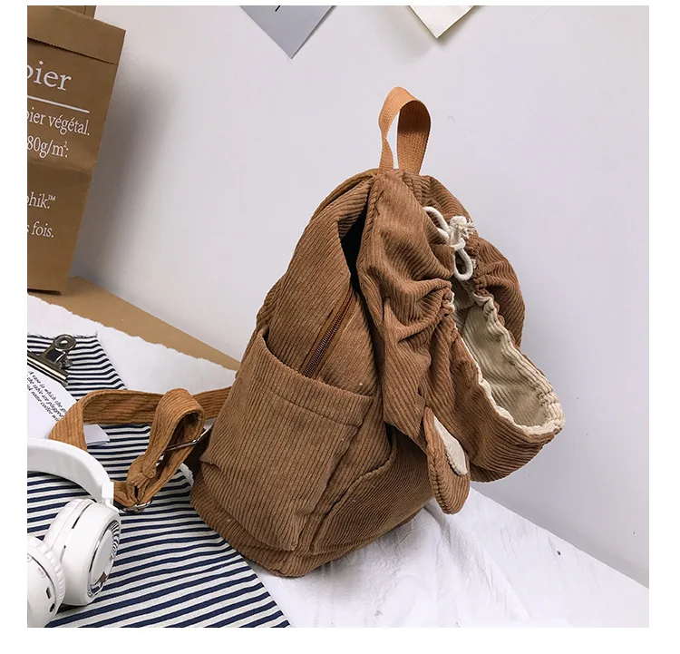 Simple fashion lightweight solid color corduroy backpack with hoods
