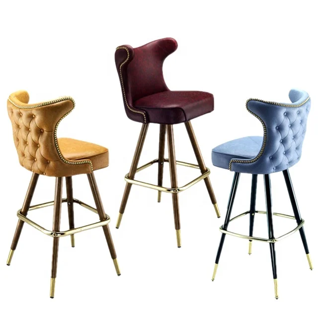 Wrought iron solid wood bar chair Modern Design Bar Chairs Solid Wooden Counter Stool with PU Leather soft Cover