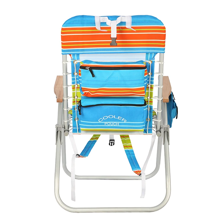 Outdoor Wooden Arm Lace-up Leisure Backpack Folding  Beach Chair with Insulated Cooler bag