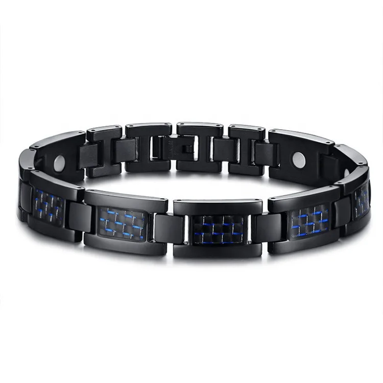 Mens Titanium Stainless steel Magnetic Therapy Black Carbon Fiber Pain Relief Bracelet For Arthritis Wristband