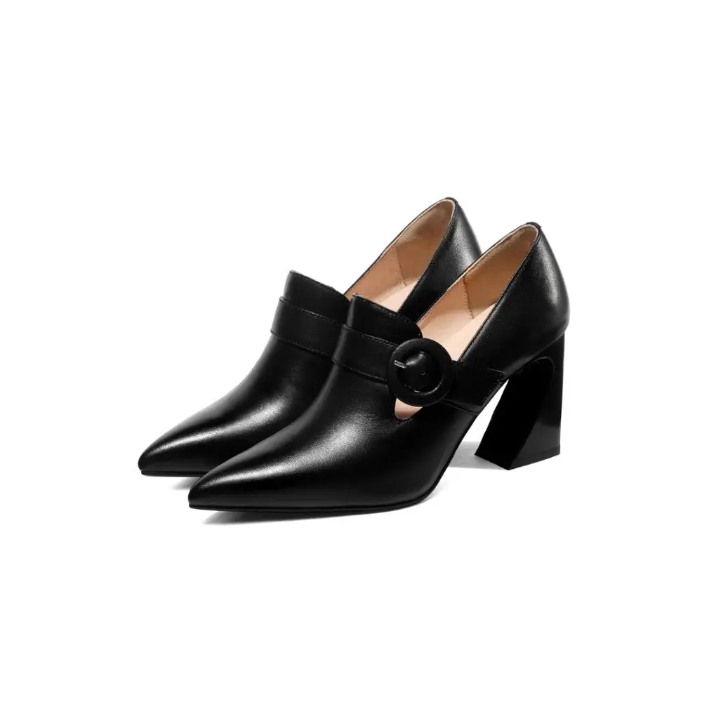 Fancy Design Women Footwear Hoof Heel Genuine Leather High Heels Shoes Buckle Strap Pointed Toe Pumps OEM Shoes