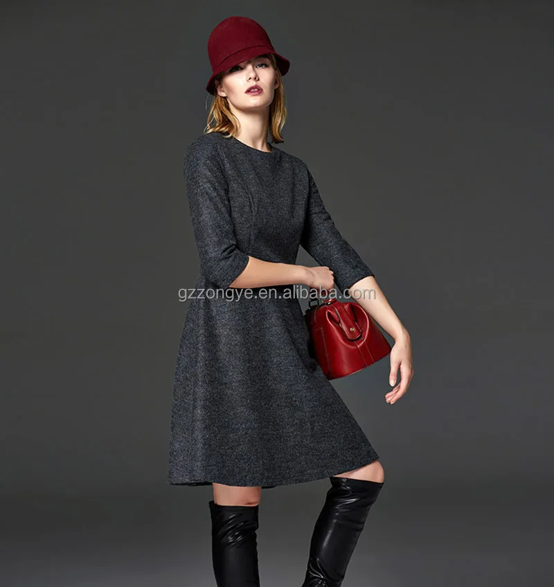 Fashion elbow woolen dress, women A line frock of Guangzhou clothing supplier