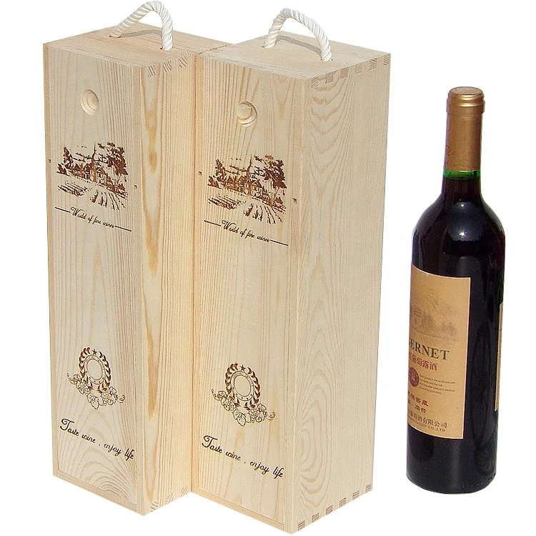 One bottle wine packaging wood boxes Wholesale raw wooden wine box with slide lid