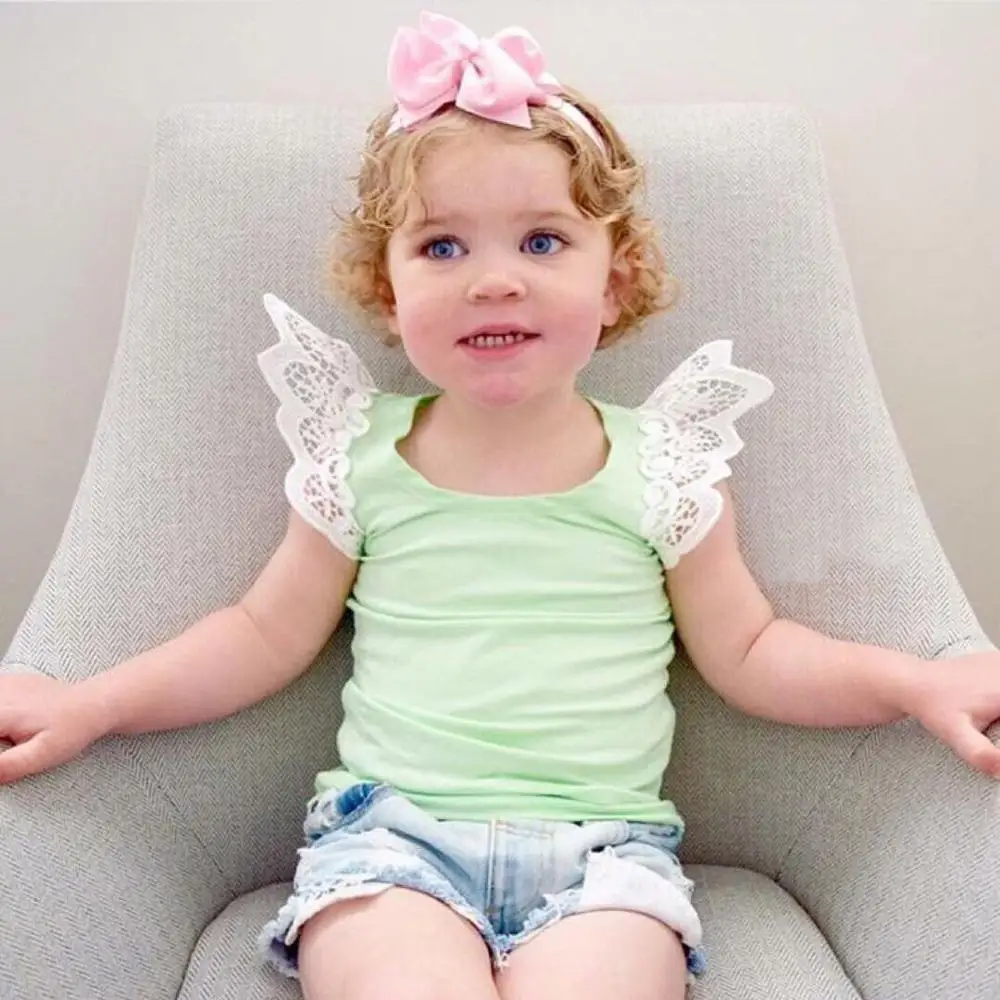 AM 025 Super cute solid cotton shirts for Toddler baby girls with lace flutter sleeve multi colors boutique wholesale