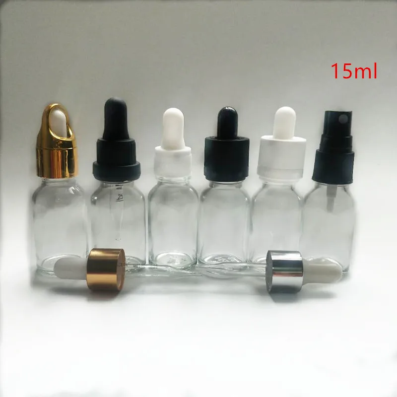 Clear glass bottle, clear oil bottle with perfume spray and dropper cap