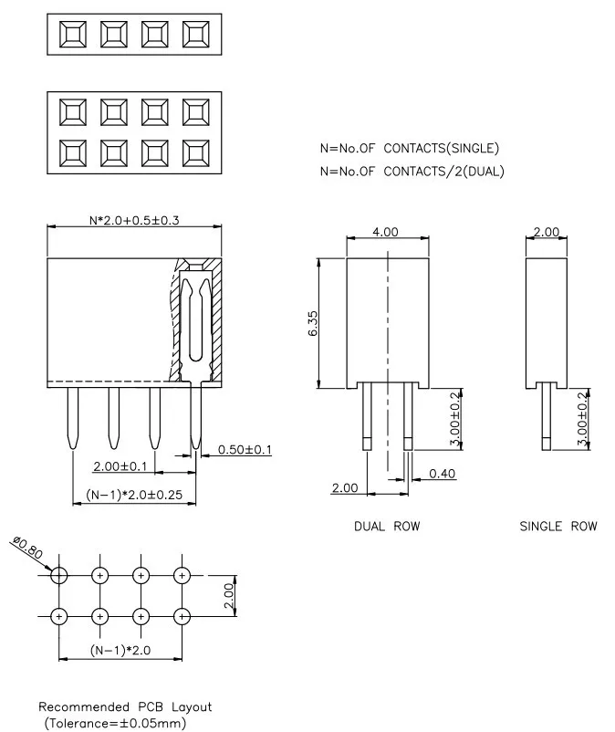 Long pin 2.0mm female pin header PCB V/T connector