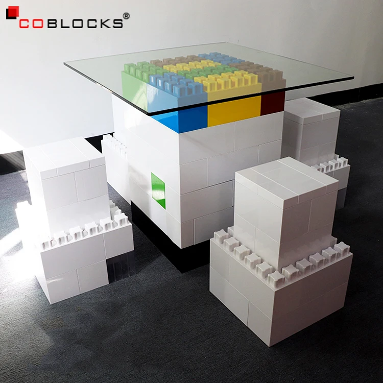 2021 New Product Plastic Block Table Chairs Big Size Toy Furniture Set With Glass Countertop