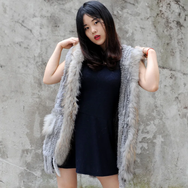 CX-G-B-75B New Knit Rabbit Fur Long Ladies Top Fur Vest