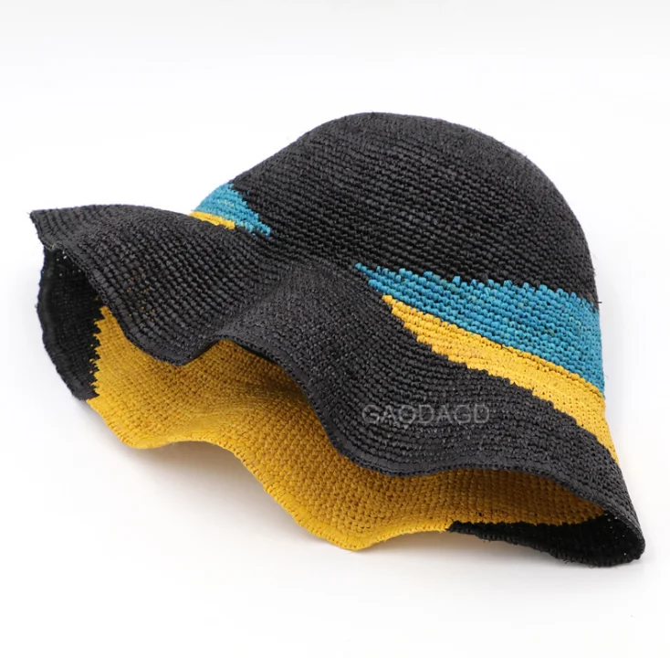 Custom outdoor sun protective raffia straw bucket hat