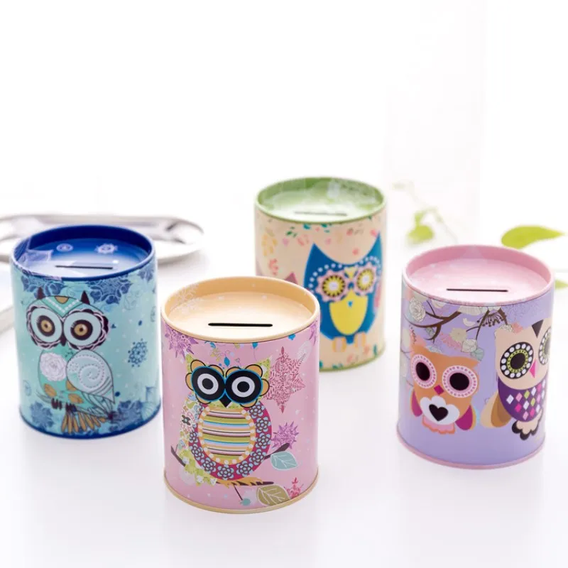 New design owl Coin Can Money Box Tin Can Coin Bank Collection Boxes, Car shaped money box,save bank Tin Piggy Bank Coin Bank