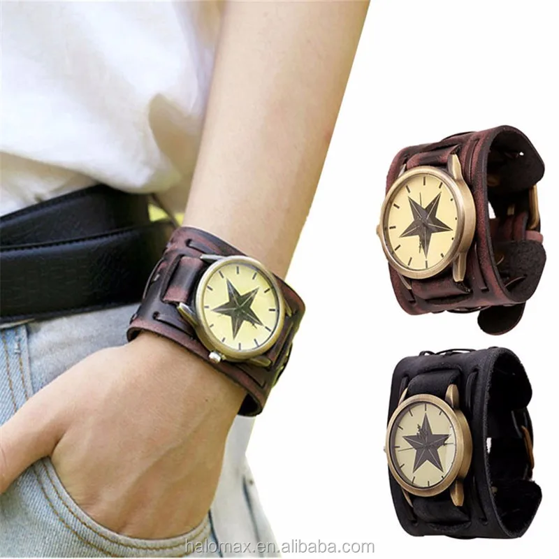 
2017 Fashion New Style Retro Punk Rock Brown Big Wide pu Leather Bracelet Cuff Men Watch 