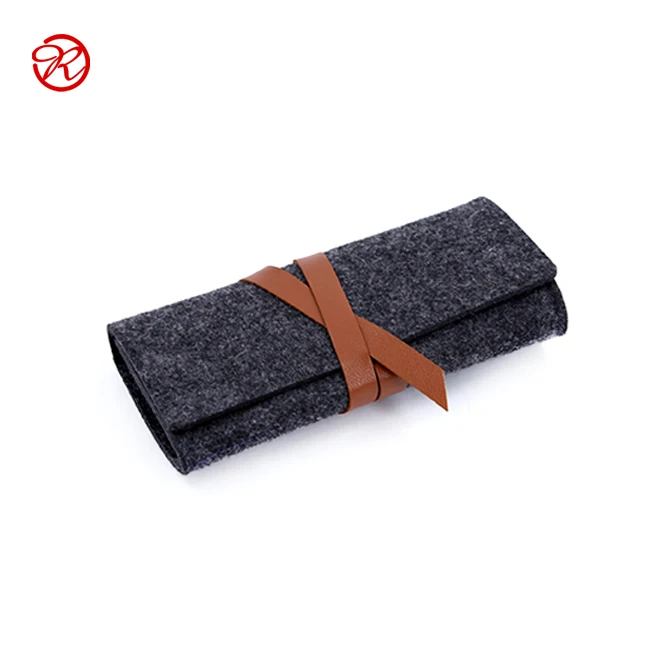 
personalized Portable felt eyeglass case / bag with leather strap 
