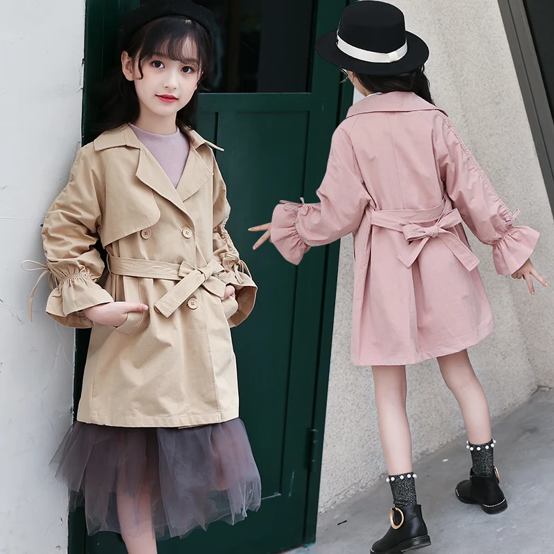 
New products girls cotton fabric puff sleeve belt princess dust coat overcoat 