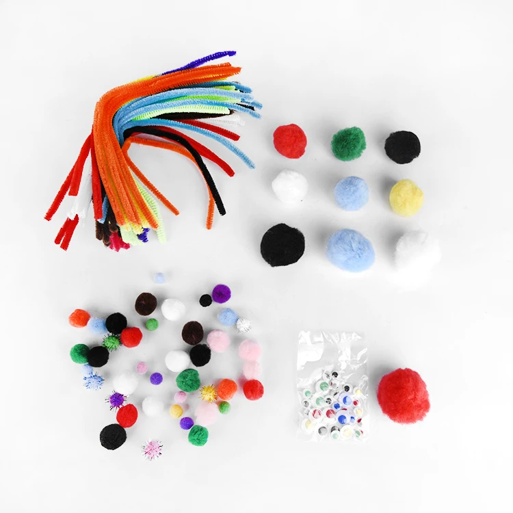Wholesale DIY Craft Pack 131 Pieces Moving Eyes Assorted Pom Poms Chenille Stems Pipe Cleaners