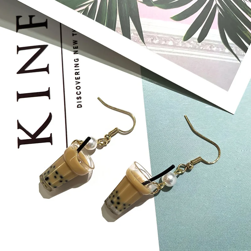 Забавные милые серьги с молочным чаем и зеленым чаем Boba для Дня Святого Валентина