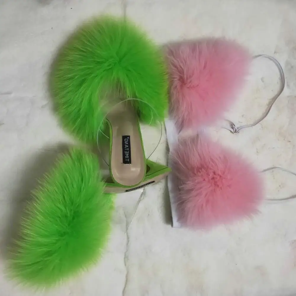 20 19 summer big and full fox fur heels fur slides custom color and big size ready to ship