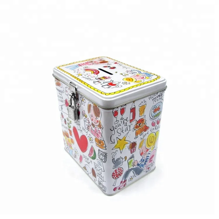 Rectangular Money Tin Box Metal Coin Bank With Lock and Key
