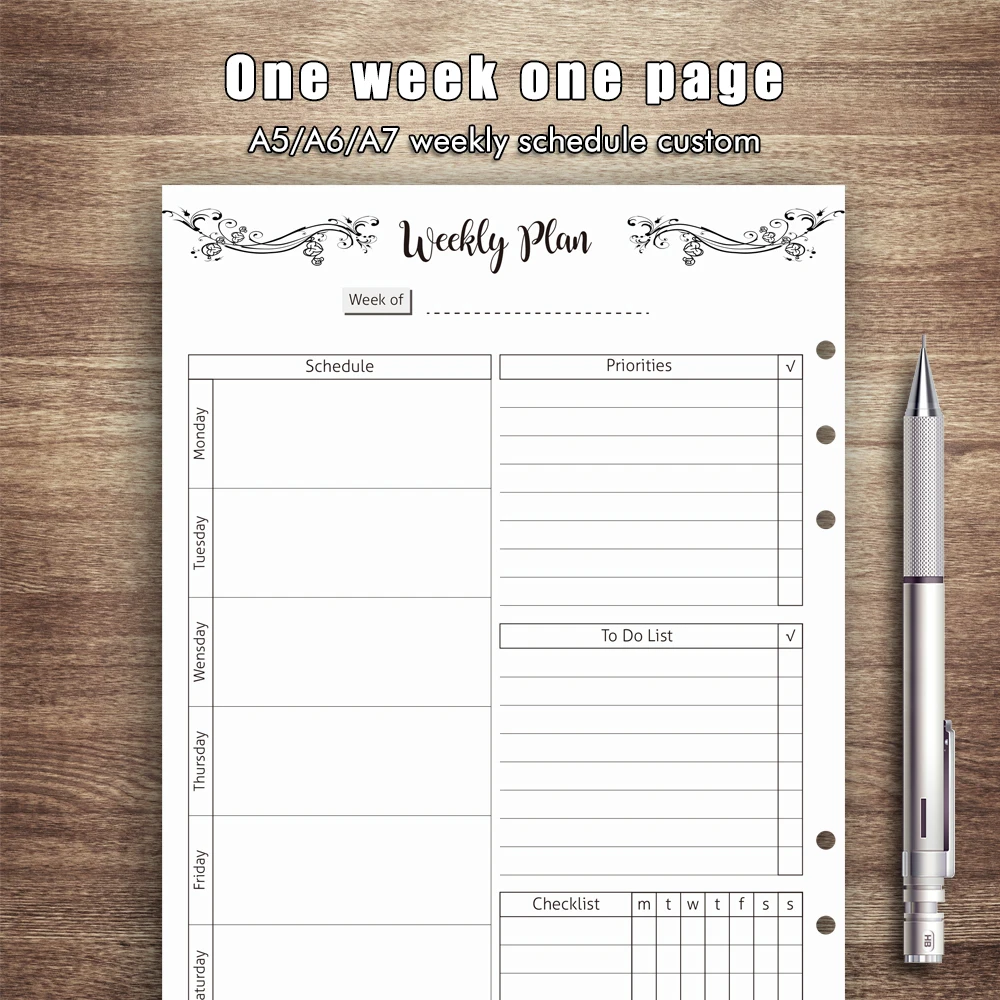 A5 /A6/A7 /A4/B5 weekly pages customize ,6 rings holes planner refill pages personal diary weekly schedule insert page