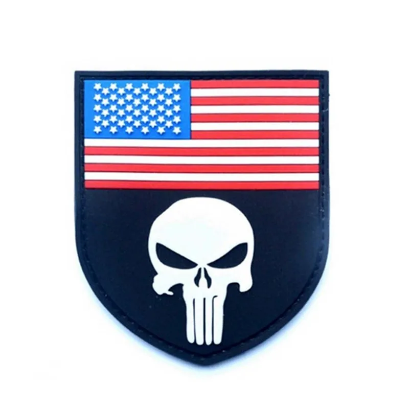 Hot Sell American Flag Punish PVC Patch, Silicon Logo Patches with Hook and Loop Backing, Iron on Rubber Patches