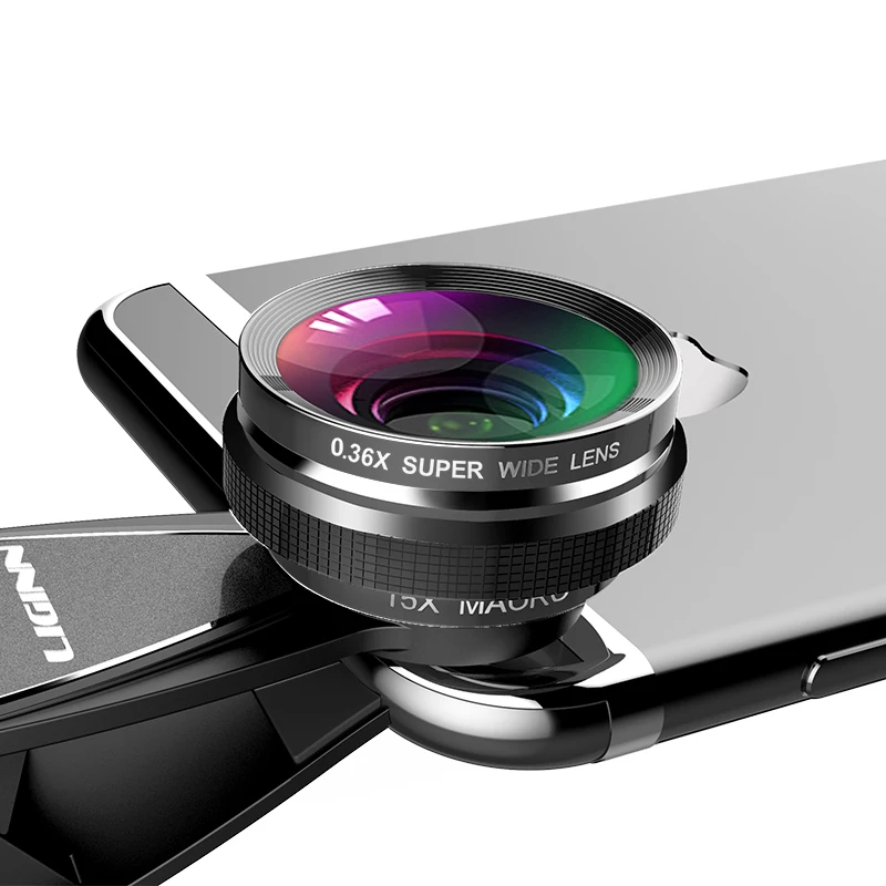 LIGINN hot new products cellphone camera lens 0.36x wide angle 198 degree fish eye 15x macro lens kit for ip smartphoes