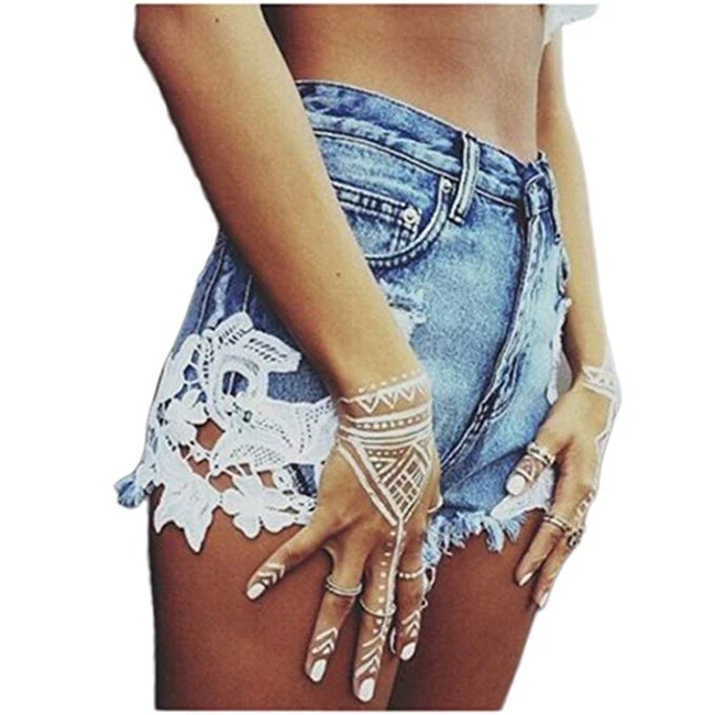 Women Fashion Denim Shorts Lace Stitching  Knickers Hollow-Out Denim Shorts
