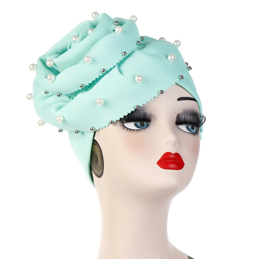 Flower Nails Pearl Muslim Headgear Hijab Hat Pure Colour Flower Cap turban