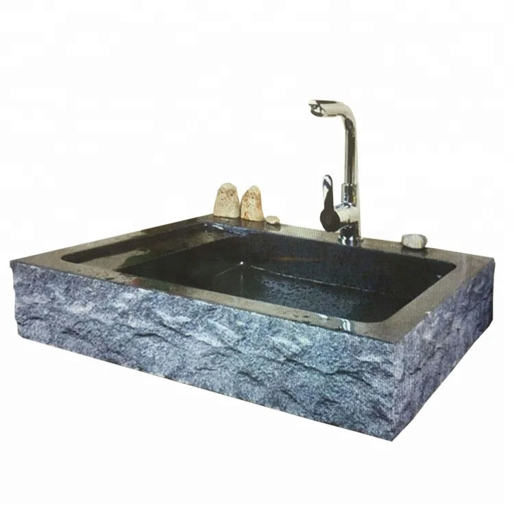 Toilet using natural outside Black granite stone basin outdoor