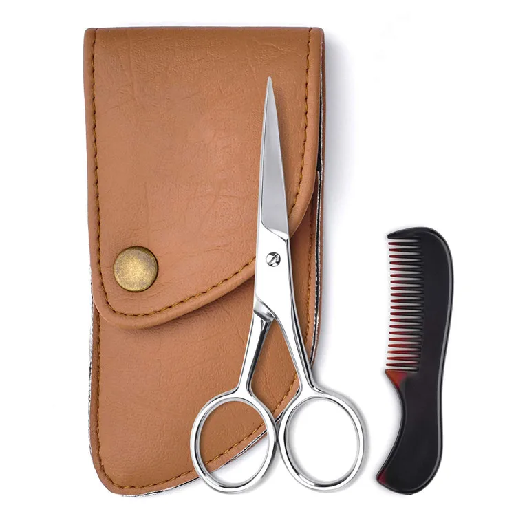High quality stainless steel beard scissors beard comb in PU leather case