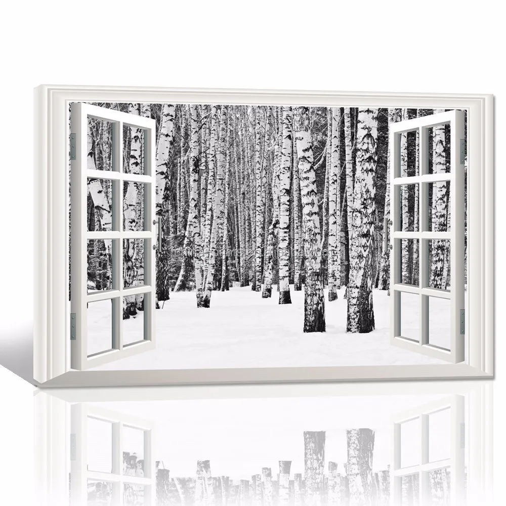 3D Настенный декор на окно, холст с изображением леса/березы, холст с рисунком, оптовая продажа/Зимний ландшафт, украшение для дома, настенное искусство