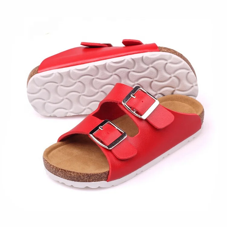 Boys Cork Sole Slide Flat Sandals Open Toe Double Adjustable Buckle Hook Outdoor Slippers with soft foot bed for Summer