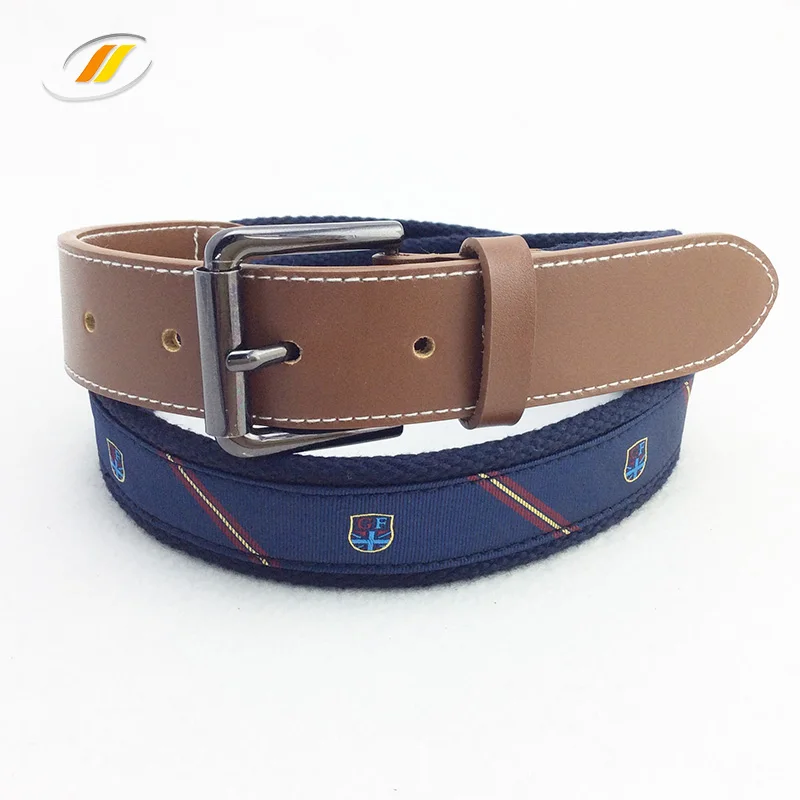 Men Canvas Fabric Genuine Leather Belt With Custom Logo